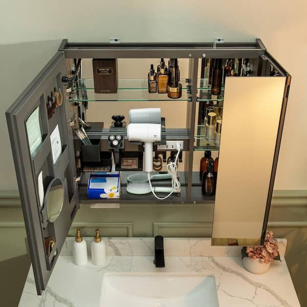 30 in. W x 28 in. H Rectangular Aluminum Surface-Mount Bathroom Medicine Cabinet with Mirror and LED Light