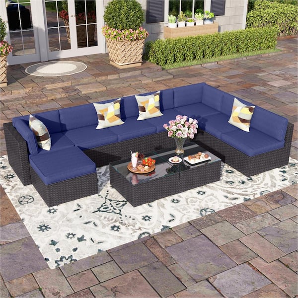 PHI VILLA Dark Brown 8 Seat 10-Piece Rattan Wicker Steel Patio Outdoor Sectional Set with Blue Cushions, 2 Coffee Tables, Ottoman