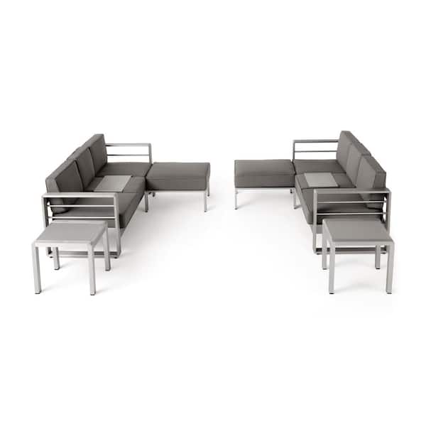 Noble House Cape Coral Silver 6-Piece Aluminum Patio Conversation Sectional Seating Set with Khaki Cushions