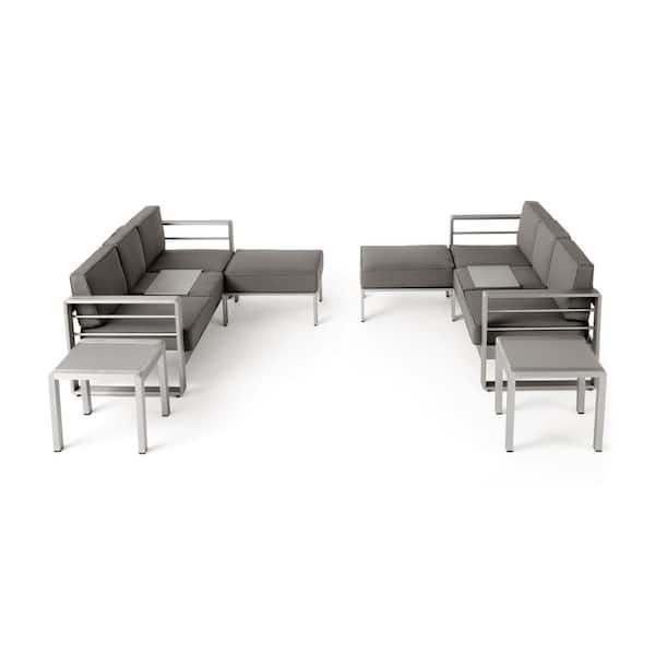 Noble House Cape Coral Silver 6-Piece Aluminum Outdoor Patio Conversation Sectional Seating Set with Khaki Cushions