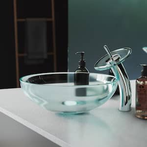 Cascade Clear Round Glass Vessel Sink with Cascade Faucet