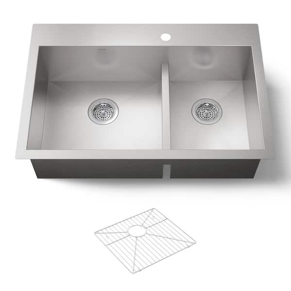KOHLER Vault Smart Divide Drop-In Stainless Steel 33 in. 1-Hole Offset Double Bowl Kitchen Sink Kit with Basin Rack