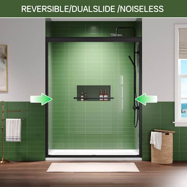 56-60 in. W x 75 in. H Semi-Frameless Double Sliding Shower Door in Matte Black Finish with Easy-Clean Glass, Towel Bar