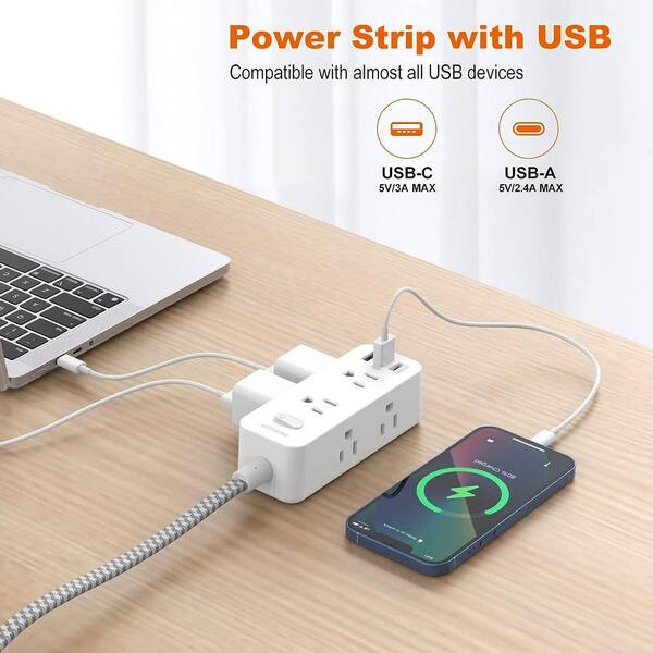 Syantek Remote Control Power Strip with 3 USB Ports, 3 RF Controlled  Outlets, 5 FT/1.5 Meter Long Extension Cord, White Power Strip, 10A/1250W  for