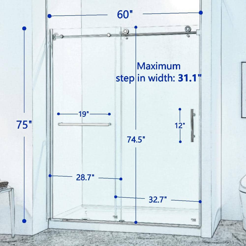 60" Chrome Semi-Frame Sliding Shower Door with Tempered Glass