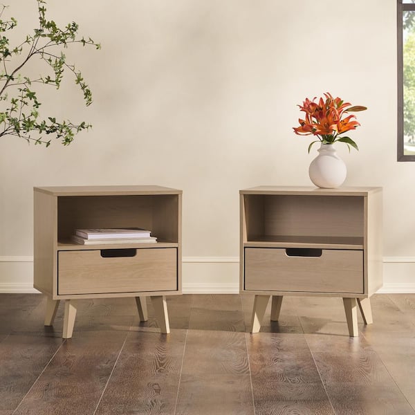 Walker Edison Furniture Company 1-Drawer Riviera Wood Mid-Century Modern Nightstand with Cubby, Set of 2