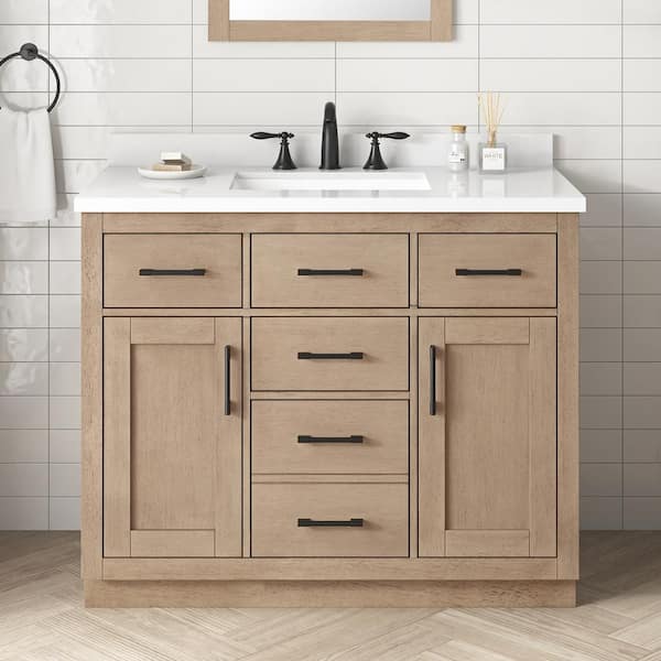 Bailey 42 in. Single Sink Driftwood Oak Bath Vanity with White Quartz Top and Integrated Power Outlet (Assembled)