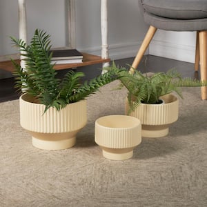 7 in., 6 in. and 5 in. Small Cream Ceramic Wide Planter with Linear Grooves and Tapered Bases (3-Pack)
