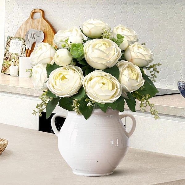 18 in. Cream White Artificial Ranunculus Flower Stem Bush Bouquet (Set of 2)