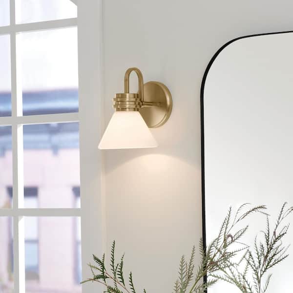 Farum 9.5 in. 1-Light Champagne Bronze Bathroom Wall Sconce Light with Opal Glass Shade