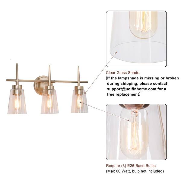 Uolfin Farmhouse Gold Bathroom Vanity Light Dule 3 Modern Bell Brass Bar With Clear Glass Shades 77q26nhd240256b Uolfin Farmhouse Gold Bathroom Vanity, Vanity Replacement Glass Shades For Bathroom Light Fixtures