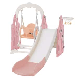 Pink Indoor, Outdoor 4 in 1 Kids Playground Climber Slide Playset with Basketball Hoop, Rocket Themed Slide