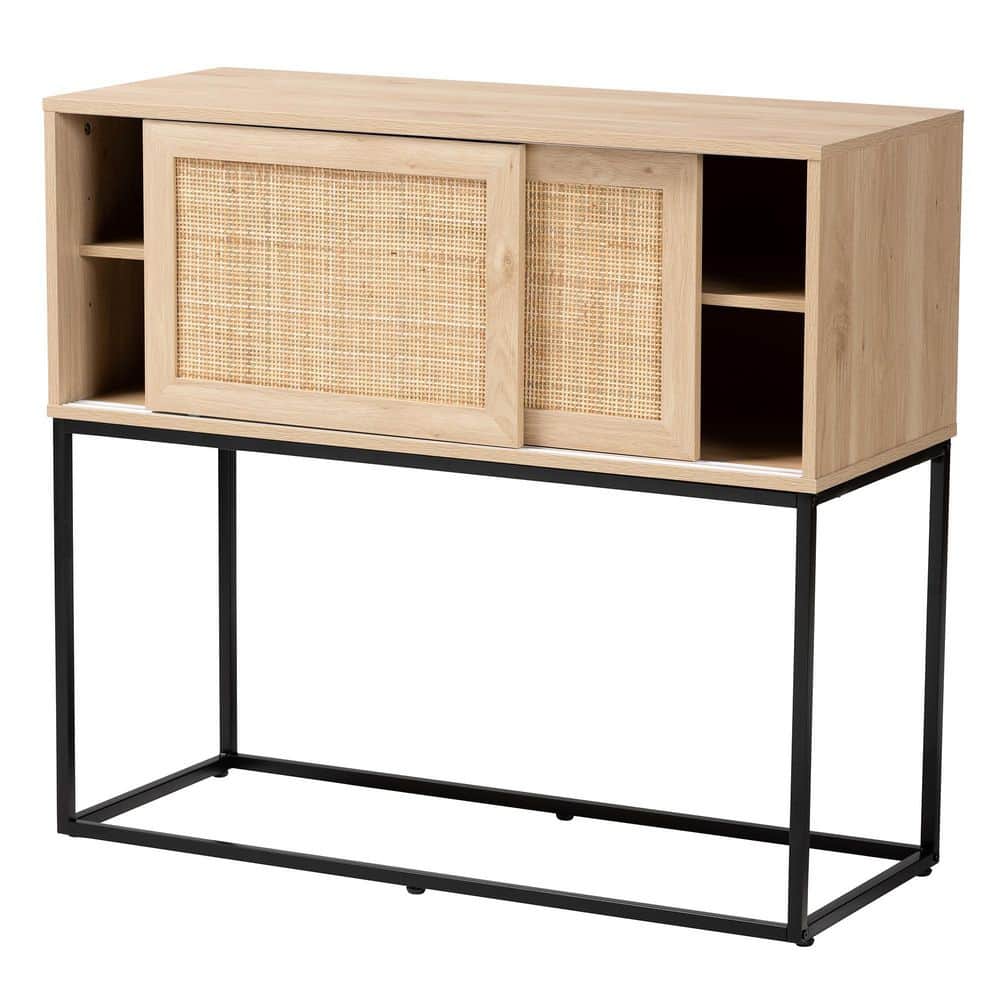 Amelia 42.9" Natural Brown Wood and Black Metal Rattan Sideboard