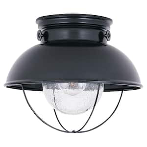 Sebring 11.25 in. W 1-Light Black Industrial Nautical Outdoor Flush Mount with Clear Seeded Glass Shade