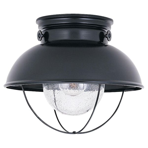 Generation Lighting Sebring 11.25 in. W 1-Light Black Industrial Nautical Outdoor Flush Mount with Clear Seeded Glass Shade