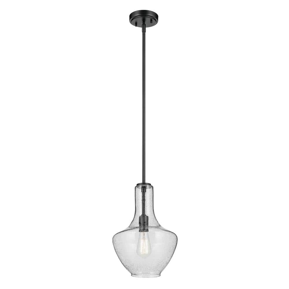 KICHLER Everly 15.25 in. 1-Light Black Modern Shaded Bell Kitchen Hanging Pendant Light with Clear Seeded Glass