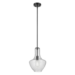 Everly 15.25 in. 1-Light Black Modern Shaded Bell Kitchen Hanging Pendant Light with Clear Seeded Glass