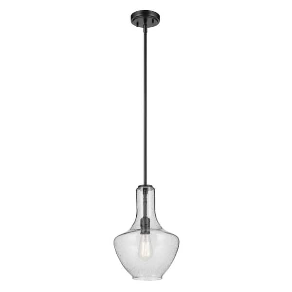 Everly 15.25 in. 1-Light Black Modern Shaded Bell Kitchen Hanging Pendant Light with Clear Seeded Glass
