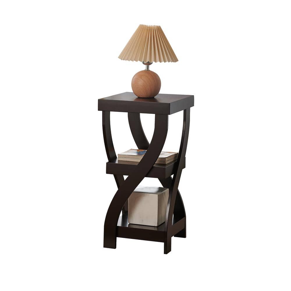 Espresso Finish Wood Square End Table with Curved Legs and Shelves