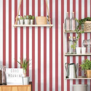 Traditional Awning Stripe Red/White Matte Finish Vinyl on Non-Woven Non-Pasted Wallpaper Roll