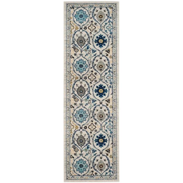 SAFAVIEH Evoke Ivory/Blue 2 ft. x 5 ft. Border Distressed Geometric Runner Rug