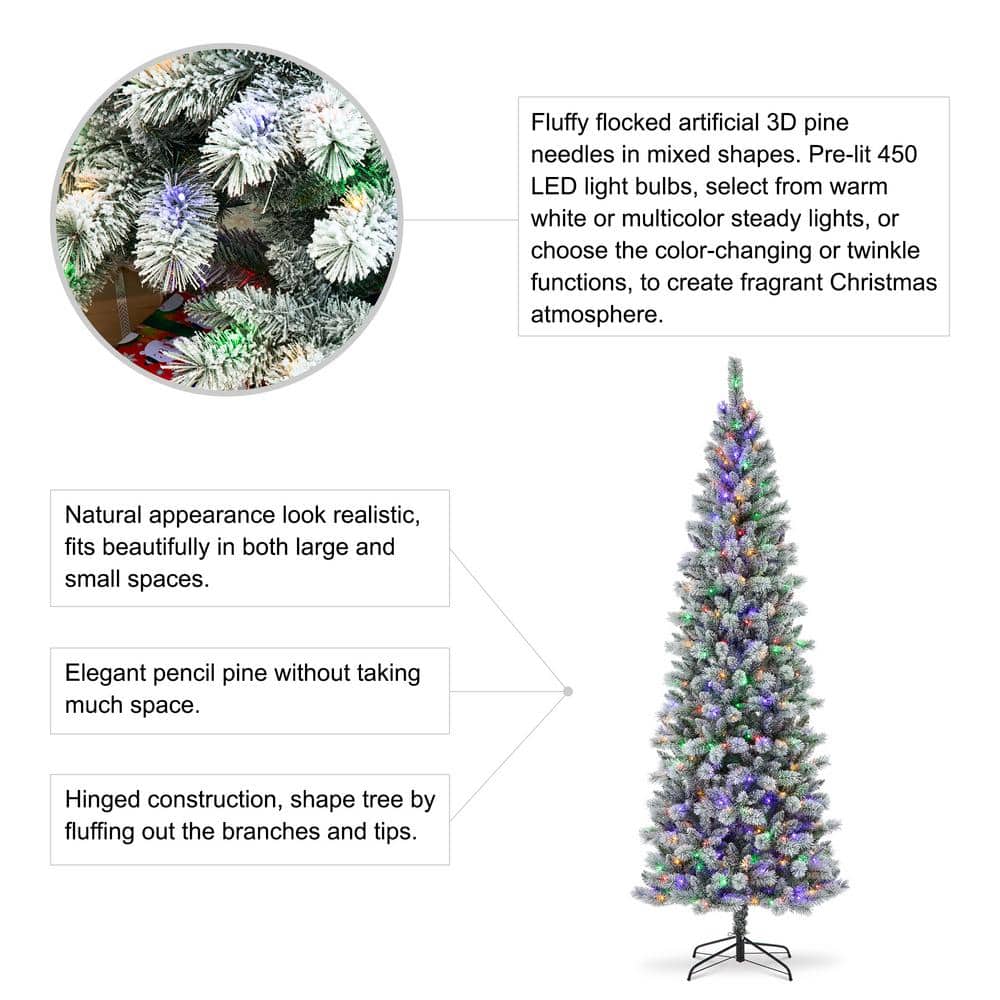 9' White Flocked Pine Christmas Tree with Multicolored Lights