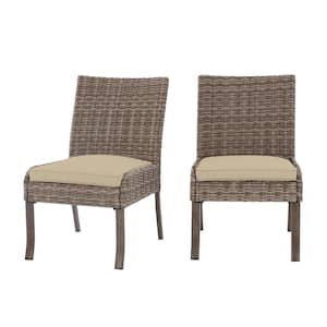 Windsor Brown Wicker Outdoor Patio Stationary Armless Dining Chair with CushionGuard Putty Tan Cushions (2-Pack)