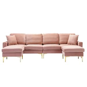 114 in. 4-piece U-Shape Pink Velvet Modern Upholstered Sectional Sofa with 2-Removable Ottomans