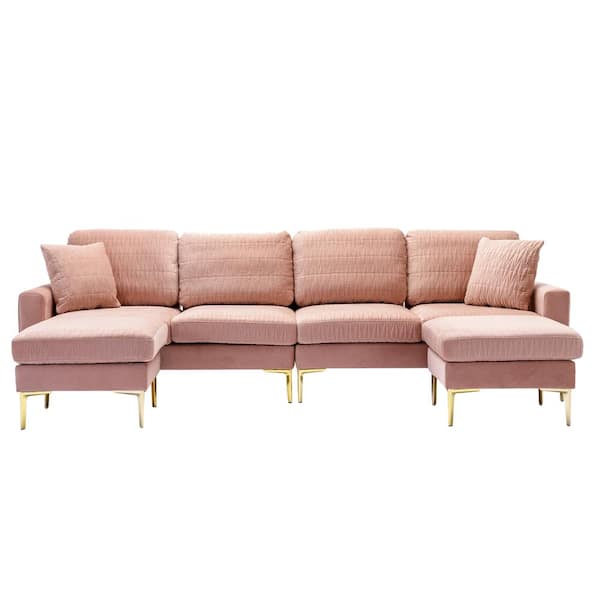 HOMEFUN 114 in. 4-piece U-Shape Pink Velvet Modern Upholstered Sectional Sofa with 2-Removable Ottomans