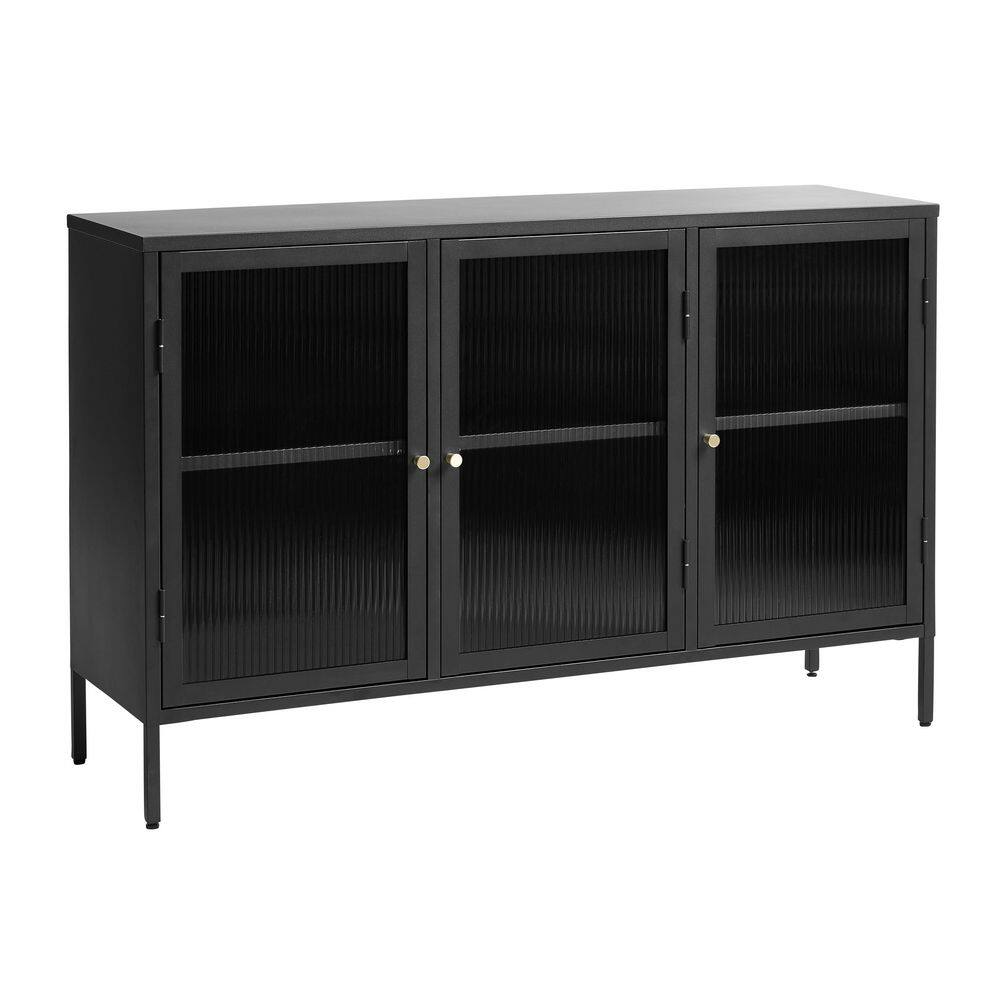 Refined Modern Black and Gold Metal Sideboard with Glass Panel Doors