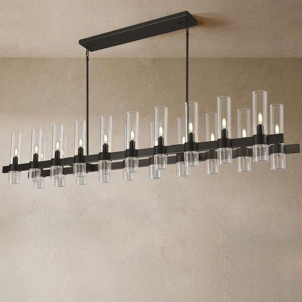 PUYRNF 68 in. 20-Light Dimmable Black Kitchen Island Chandelier with Glass Tube, Linear Industrial Chandelier for Dining Room