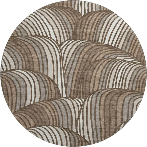 Mayfield Premium Machine Washable Abstract AMF2546 Chocolate 8 ft. x 8 ft. Round Rug