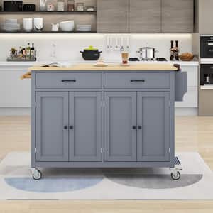 54.3 in. W Gray Kitchen Island Cart with Solid Wood Top Locking Wheels 4-Door Cabinet, 2-Drawers, Spice Rack, Towel Rack