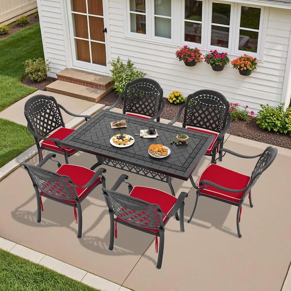 Isabella Black 7-Piece Cast Aluminum Outdoor Dining Set with Rectangle Table and Dining Chairs and Red Cushion