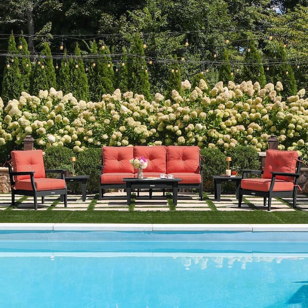 Lehigh Black 6-Piece Couch and Chair Deep Seating Patio Conversation Set with Sunbrella Canvas Persimmon Cushions