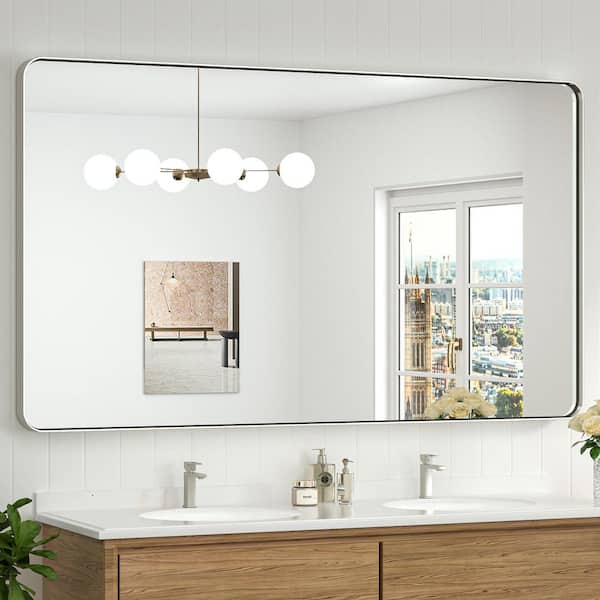 60 in. W x 36 in. H Rectangular Brushed Nickel Bathroom Mirror Aluminum Framed Wall Bathroom Vanity Mirror Over Sink