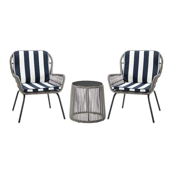 Cesicia 3-Piece Wicker Patio Conversation Chair Set With Table and Navy Cushions