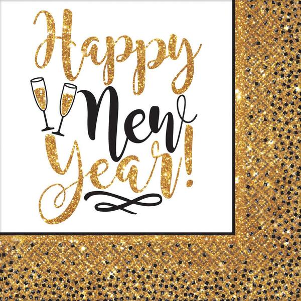 Amscan New Year's 6.5 in. x 6.5 Gold Glitter New Year Lunch Napkin (36-Count, 3-Pack)