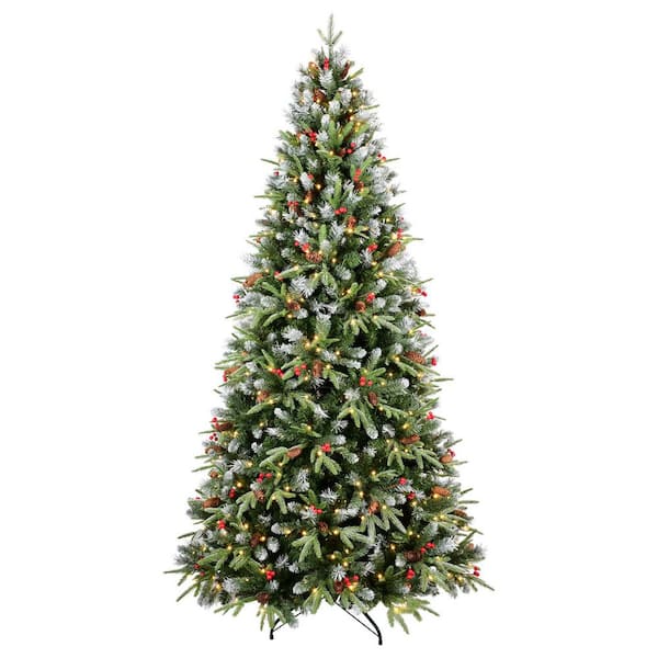 9 ft. Christmas Tree with 750 Warm White LED Lights, 3750 Snow-Tipped Branches, Red Berries, Pine Cones, Hinged Design