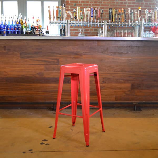 AmeriHome Loft Style 30 in. Stackable Metal Bar Stool in Red
