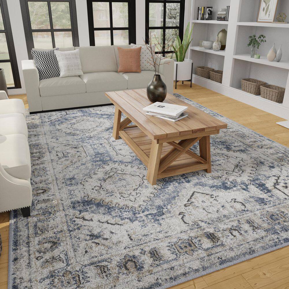 Kehleigh Blue Medallion Stain-Resistant Rectangular Area Rug