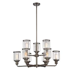 Anson 9-Light Industrial Satin Copper Bronze Chandelier with Clear Glass Shades For Dining Rooms