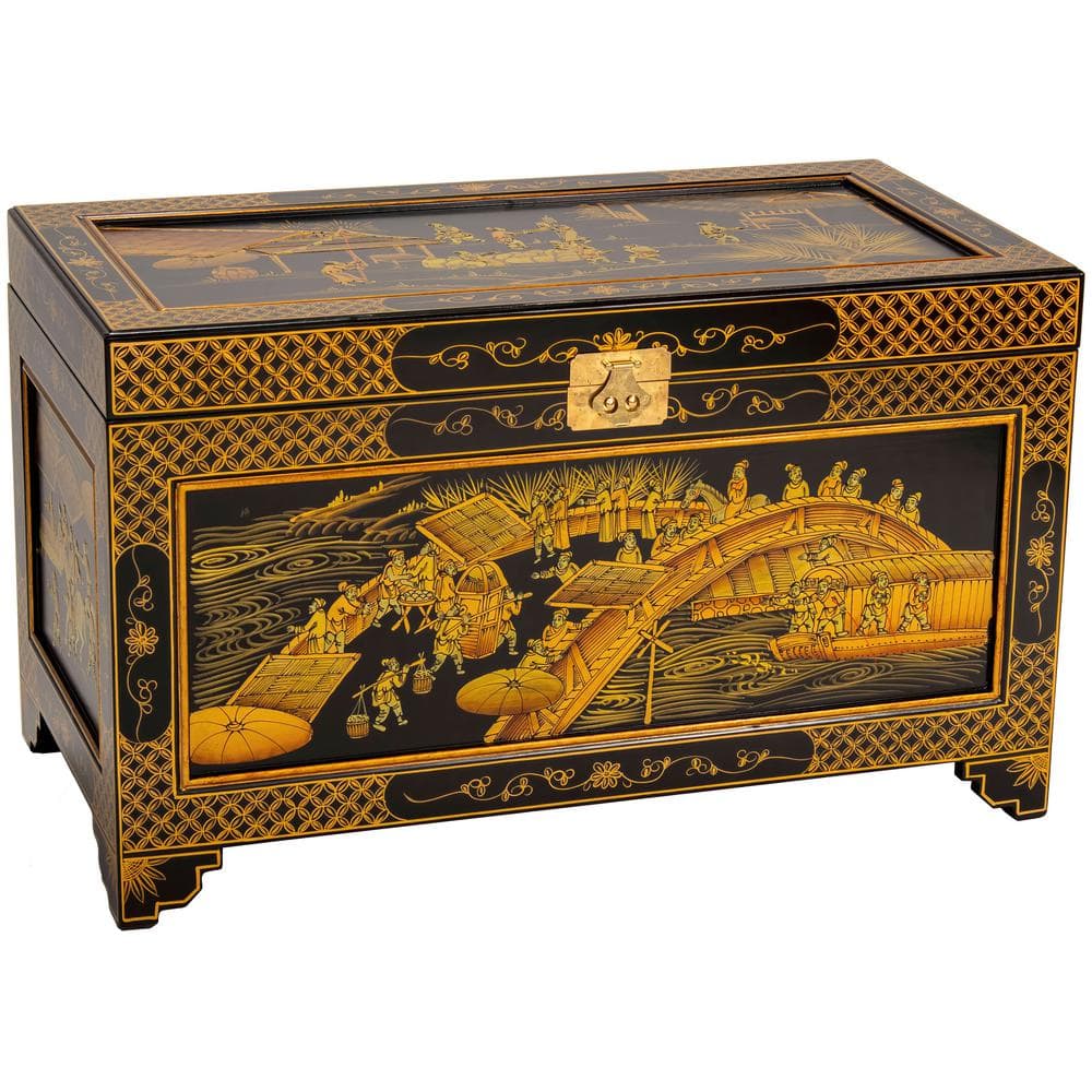 Oriental Furniture Black Lacquer Ching Ming Trunk