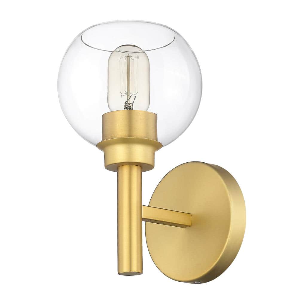 Brushed Gold 1-Light Wall Sconce with Clear Glass Shade