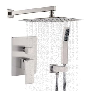 Single Handle 2-Spray Square Shower Faucet with Hand Shower in Brushed Nickel Ceramic Disc (Valve Included)