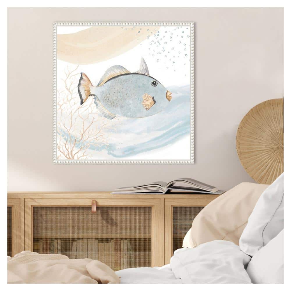 Ocean Oasis Waves Blue Fish Canvas Wall Art with White Frame