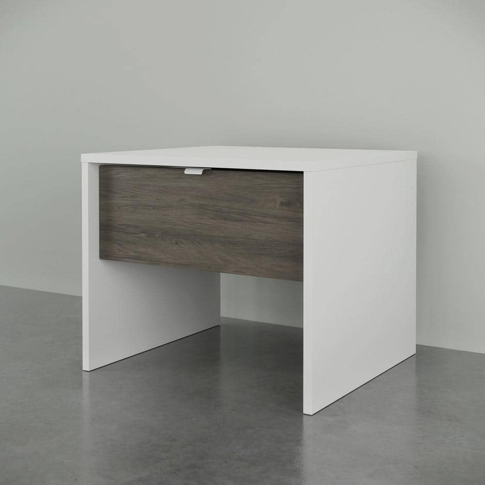 White and Bark Grey Modern 1-Drawer Nightstand