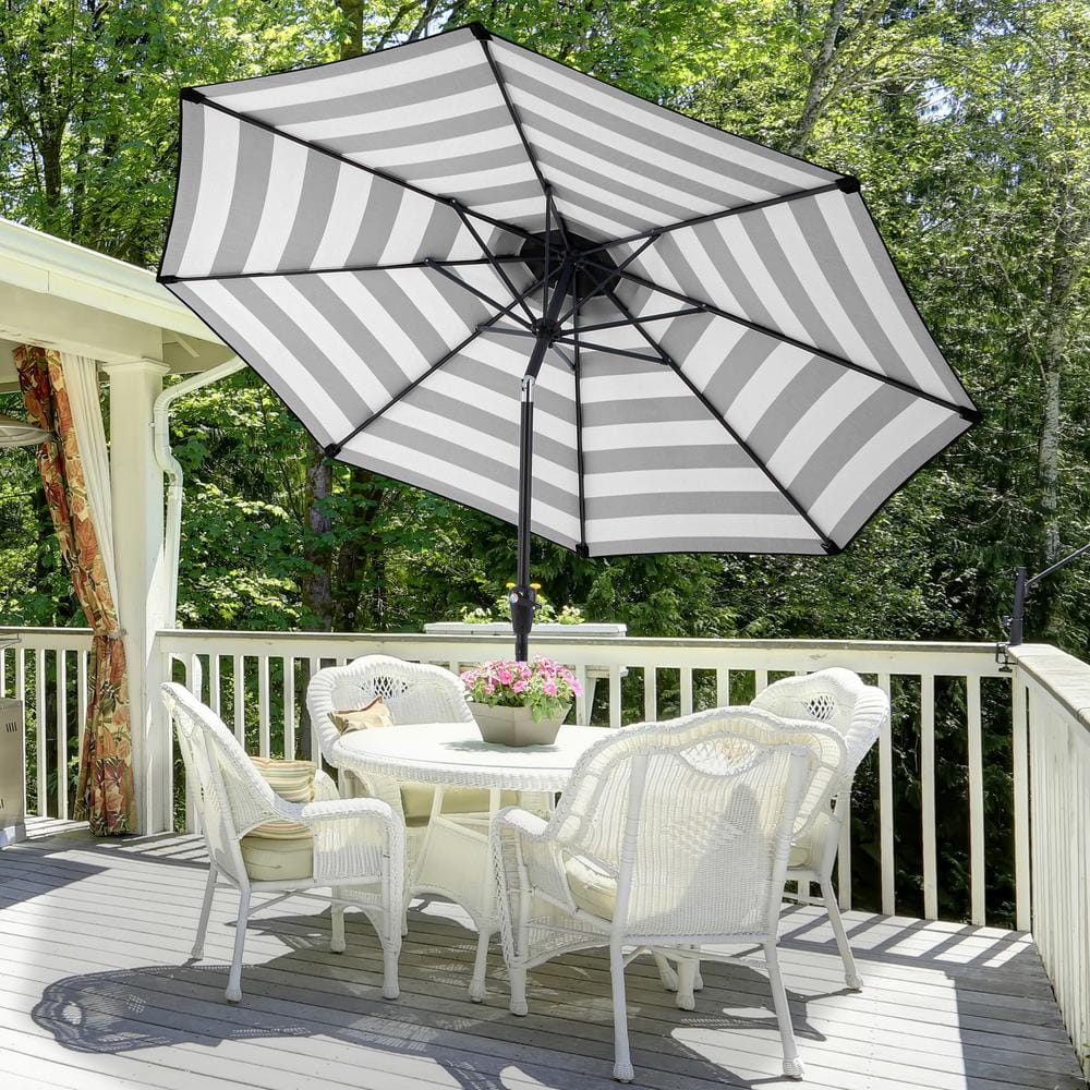 9 Ft Black and White Striped Outdoor Patio Umbrella with Tilt