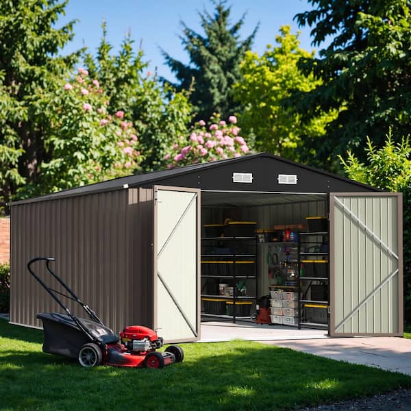 10 ft. W x 14 ft. D Outdoor Storage Metal Shed with Double Hinged Large Door in Brown(140 sq. ft. )
