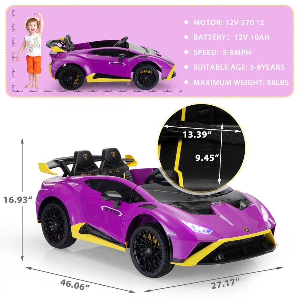 12V Purple Lamborghini STO Kids Ride-On Car with Remote Control